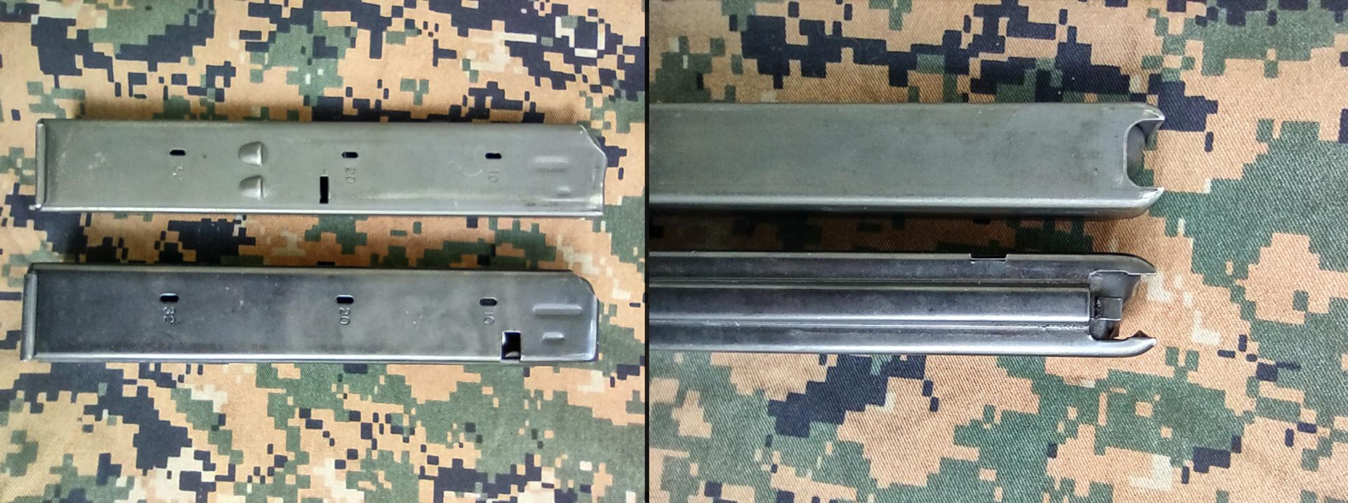 Two images side by side colt magazine ammunition mag smg uzi on camouflage background