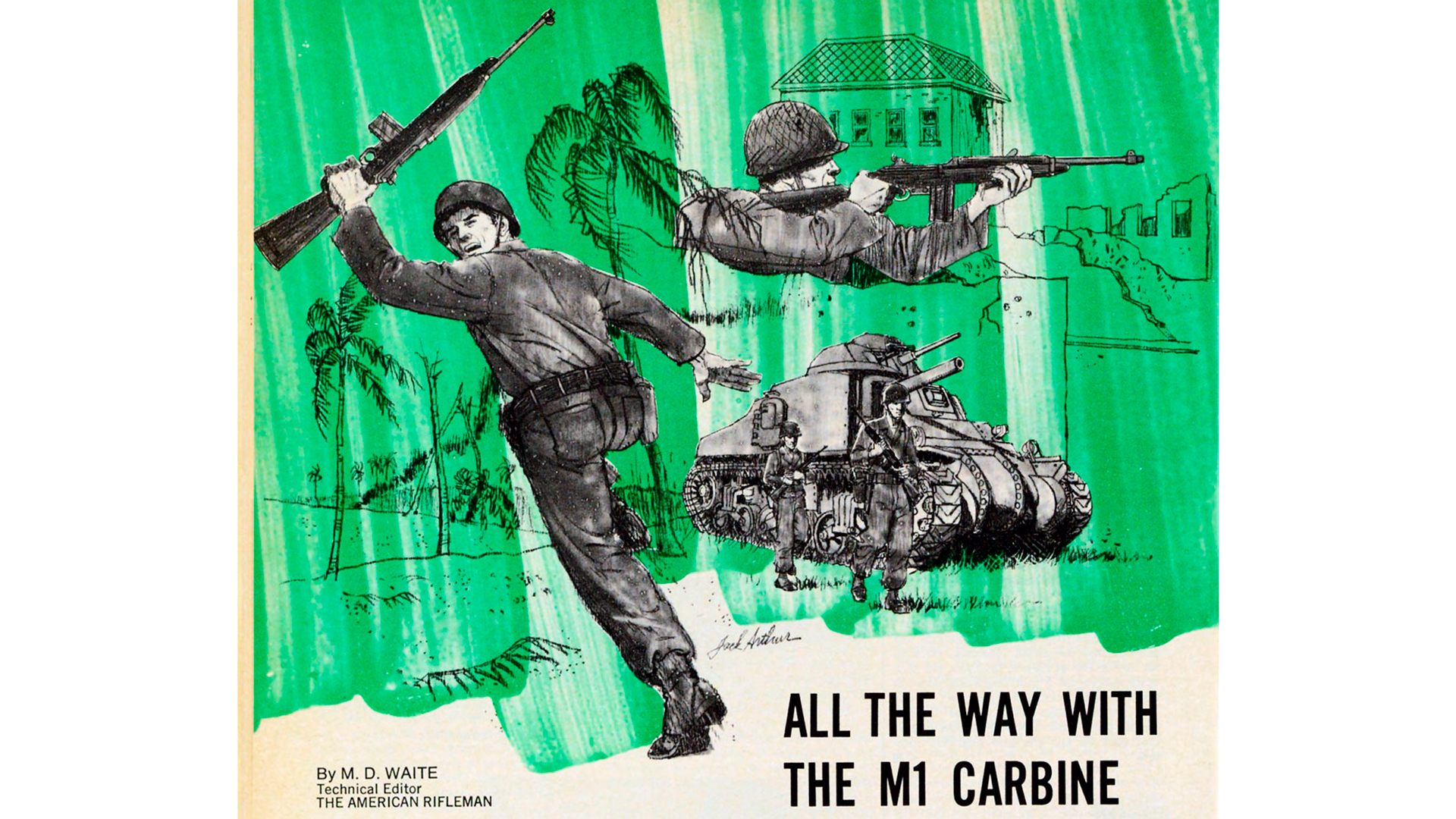 M1 Carbine artwork vintage text on image noting ALL THE WAY WITH THE M1 CARBINE