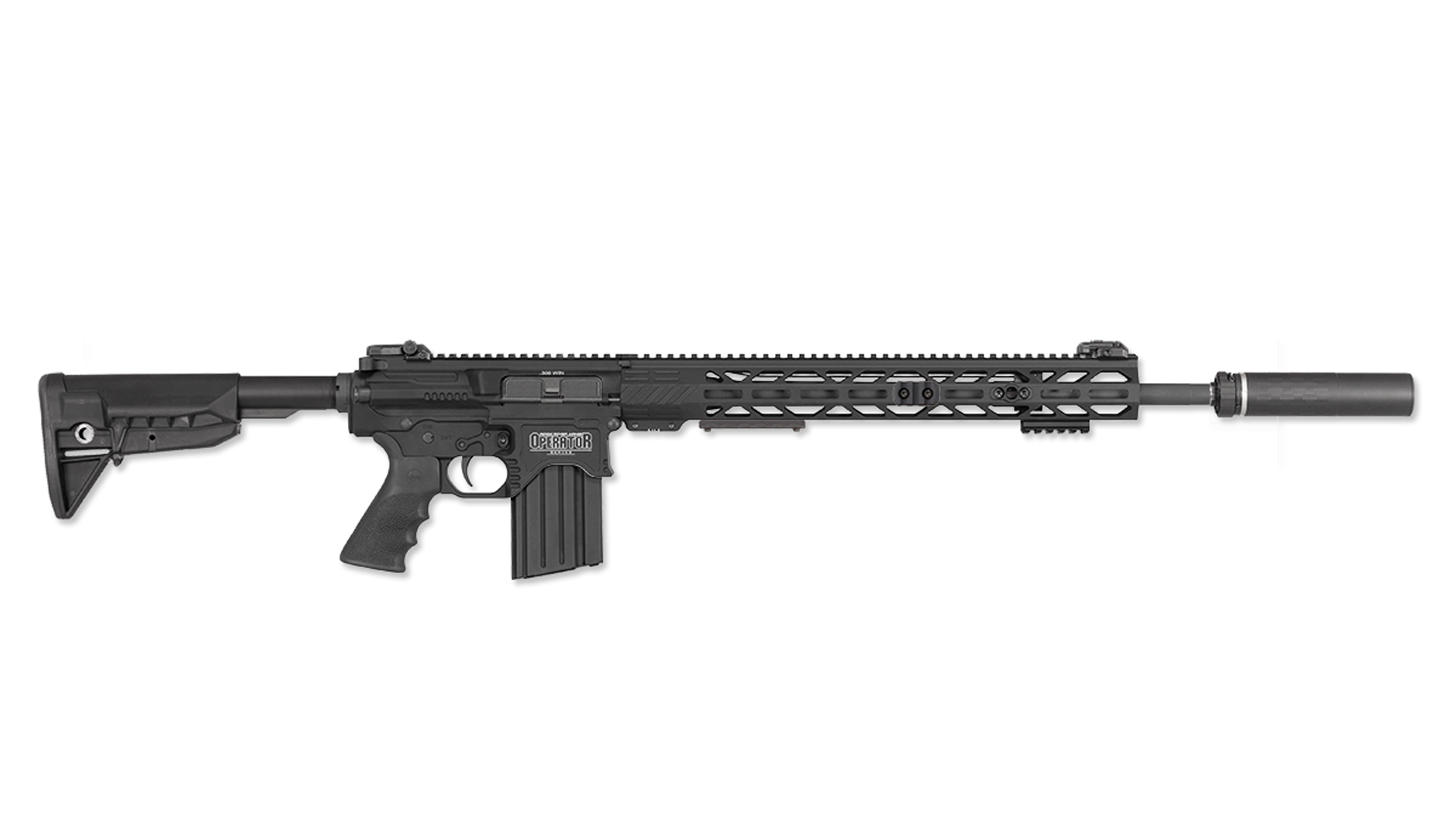 An enhanced version of the Rock River Arms DMR Operator shown with an included suppressor.