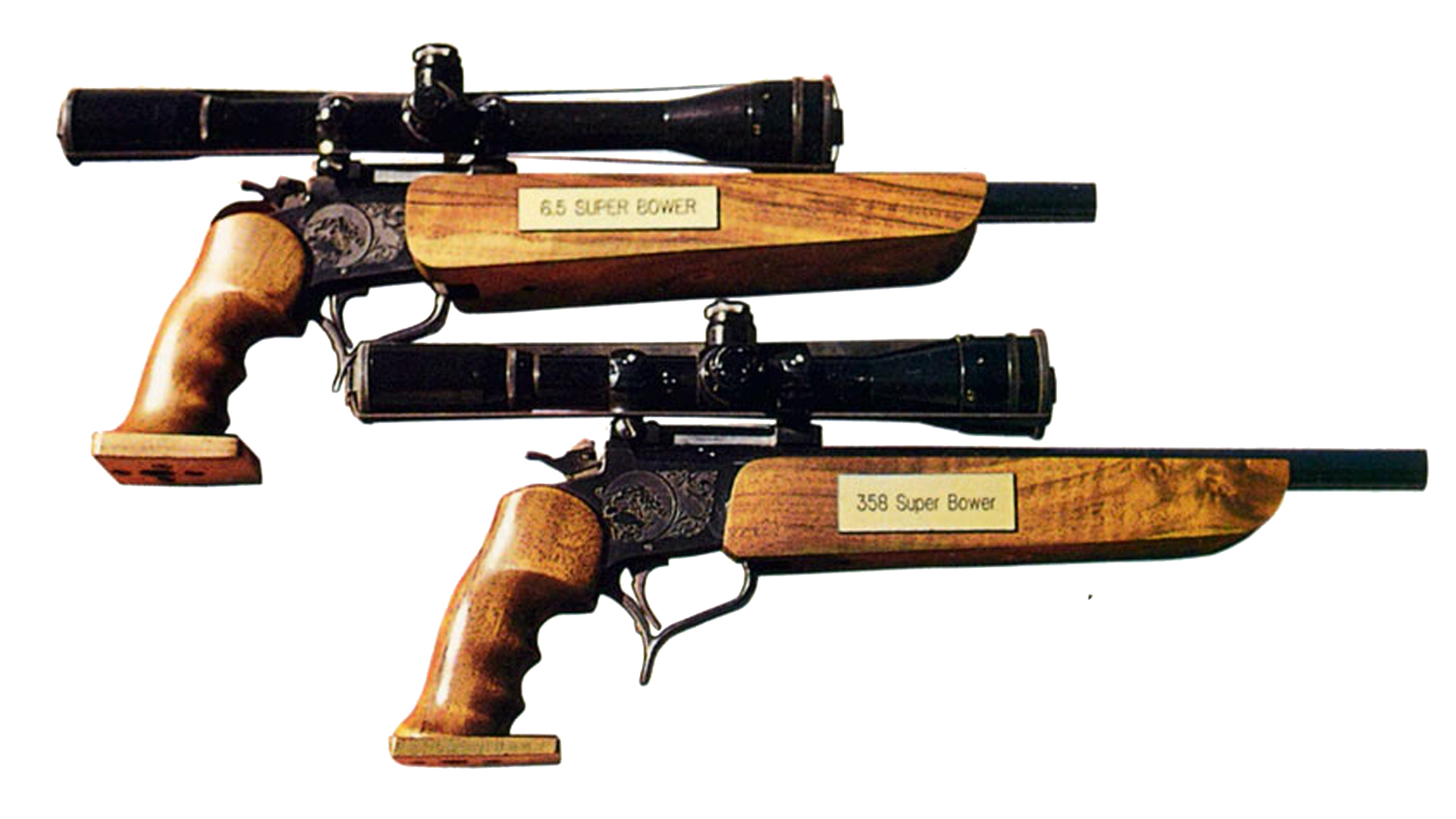 Don Bower TC Contender pistols two top and bottom with riflescopes custom guns wildcat chamberings