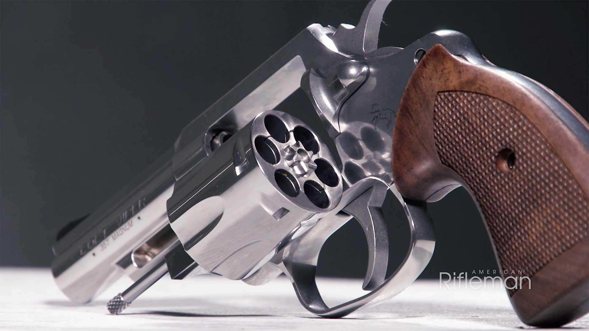 Rear view of the swung-out cylinder of the Colt Viper revolver.