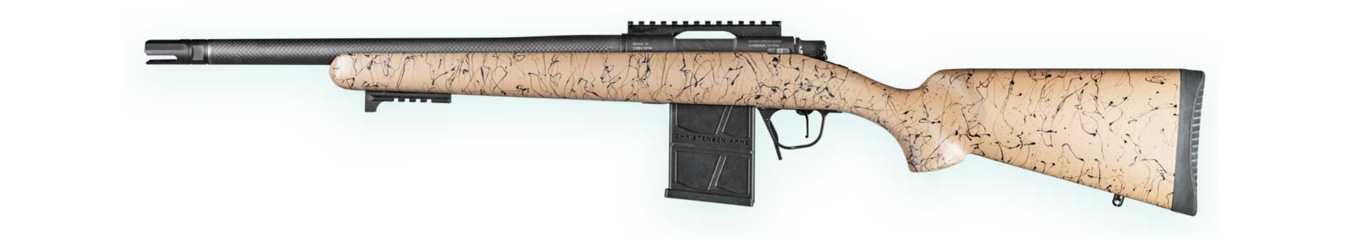 left-side bolt-action rifle brown carbon-fiber barrel steel receiver black tan stock gun white background