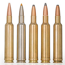 Some current  .270 Wby. Mag. loads include (from l. to r.): Weatherby 130-gr. TSX, Federal Premium 130-gr. Trophy Tip, Weatherby 130-gr. Spitzer, Weatherby 150-gr. Nosler Partition and Norma USA American PH 150-gr. Oryx