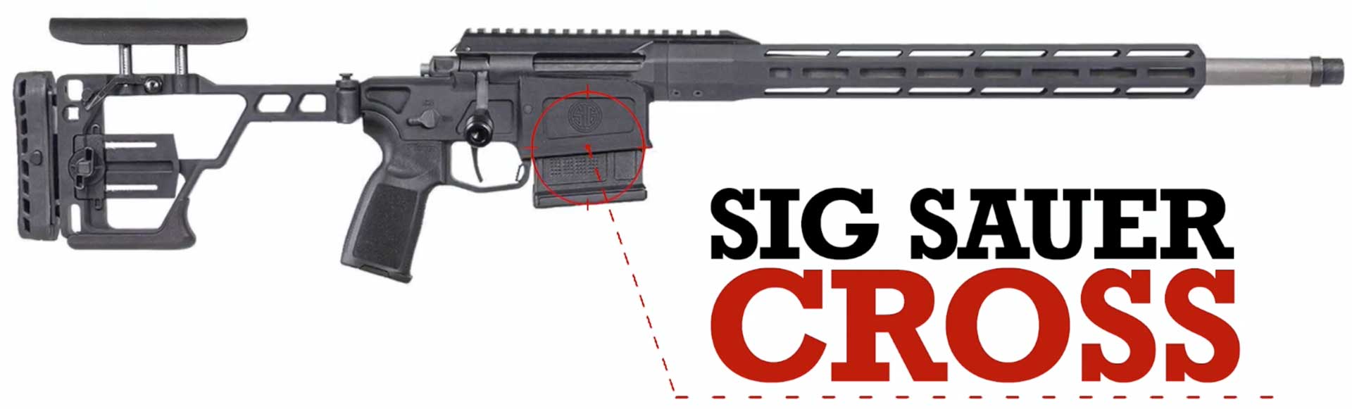 right side bolt-action rifle black metal plastic silver barrel text on image noting "SIG SAUER CROSS"