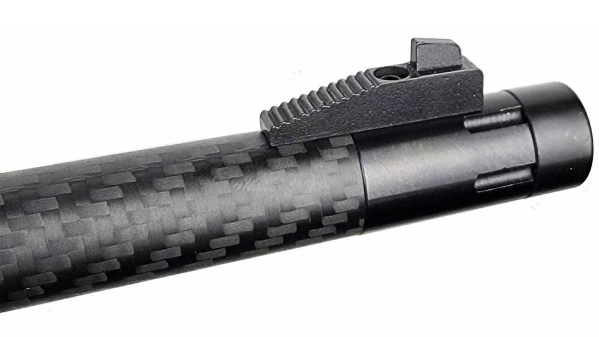The carbon-fiber barrel of the Keystone Overlander Pack Rifle shown with a serrated front sight blade on top.