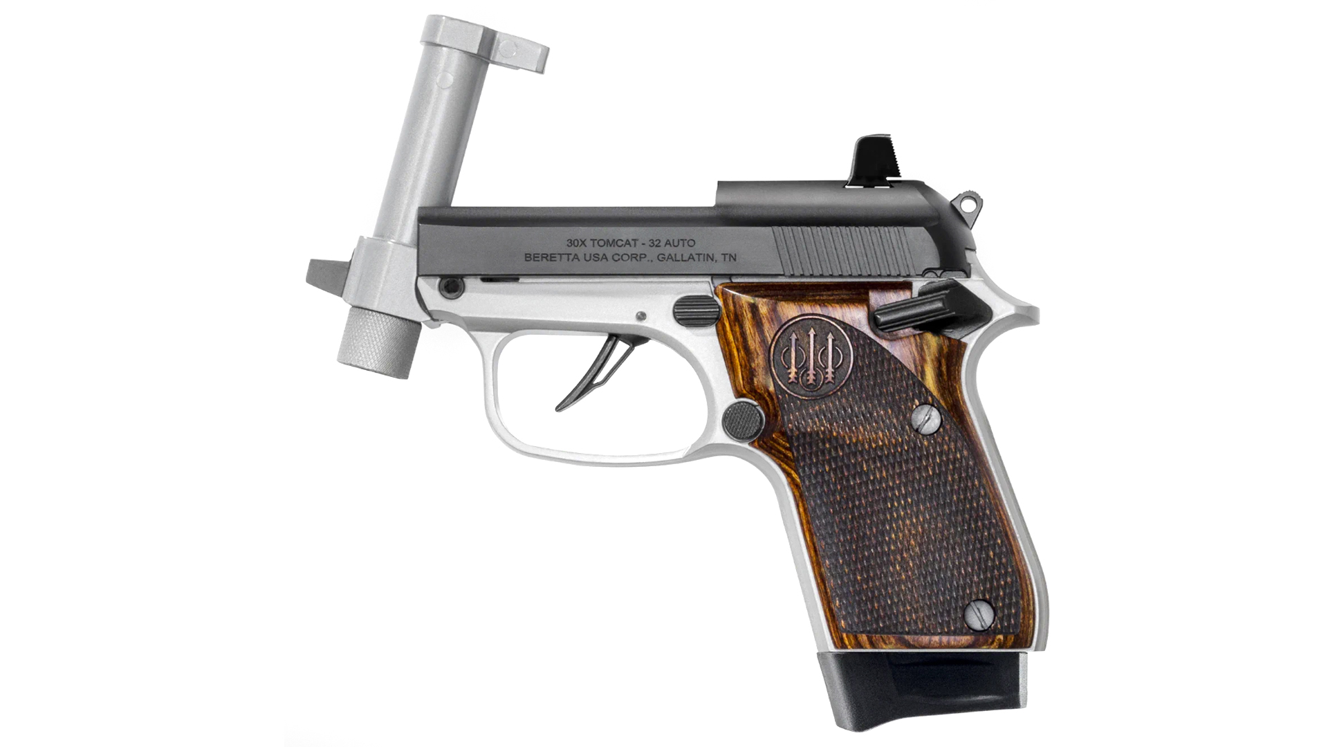 A left-side view of the Beretta 30X pistol with the barrel tipped up.