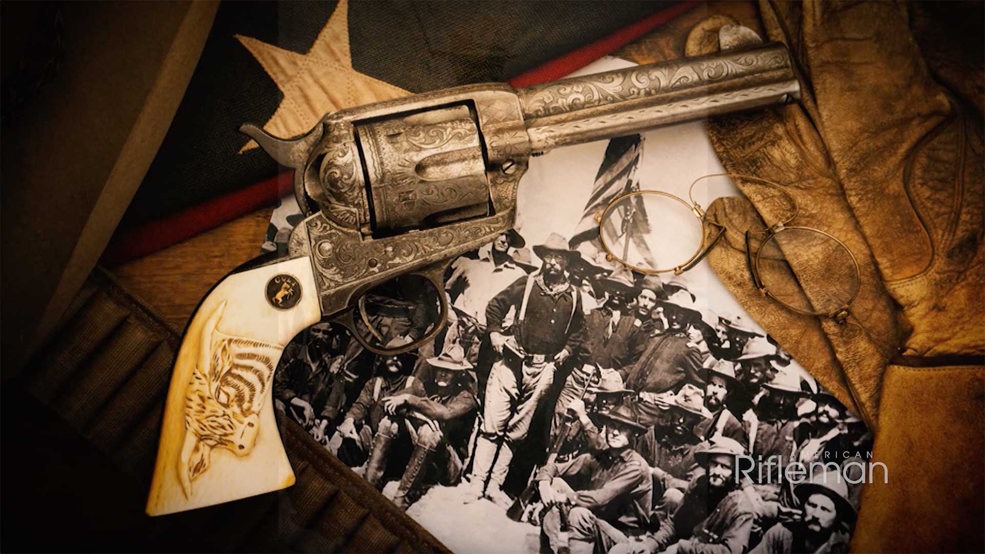 Colt Single Action Army laying on top of a black-and-white photo of Theodore Roosevelt and his Rough Riders.