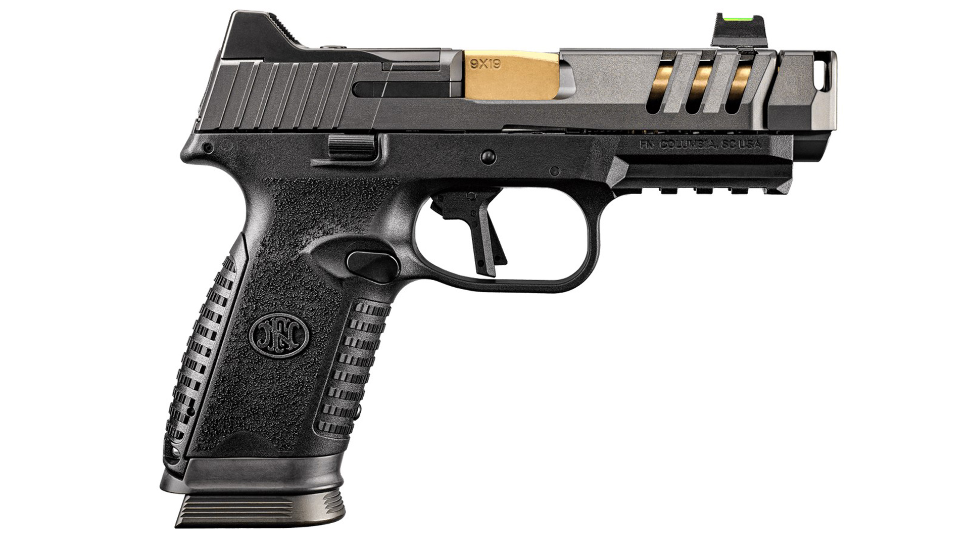 Review: FN 509 CC Edge XL right-side pistol 9 mm gold barrel black gun frame polymer ported slide barrel