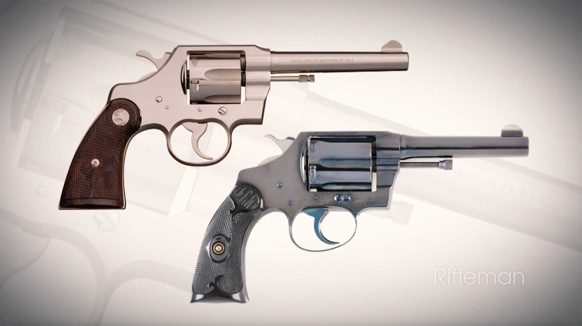 Two Colt Police Positive revolvers shown in profile, one with a nickel finish and one with a blued finish.