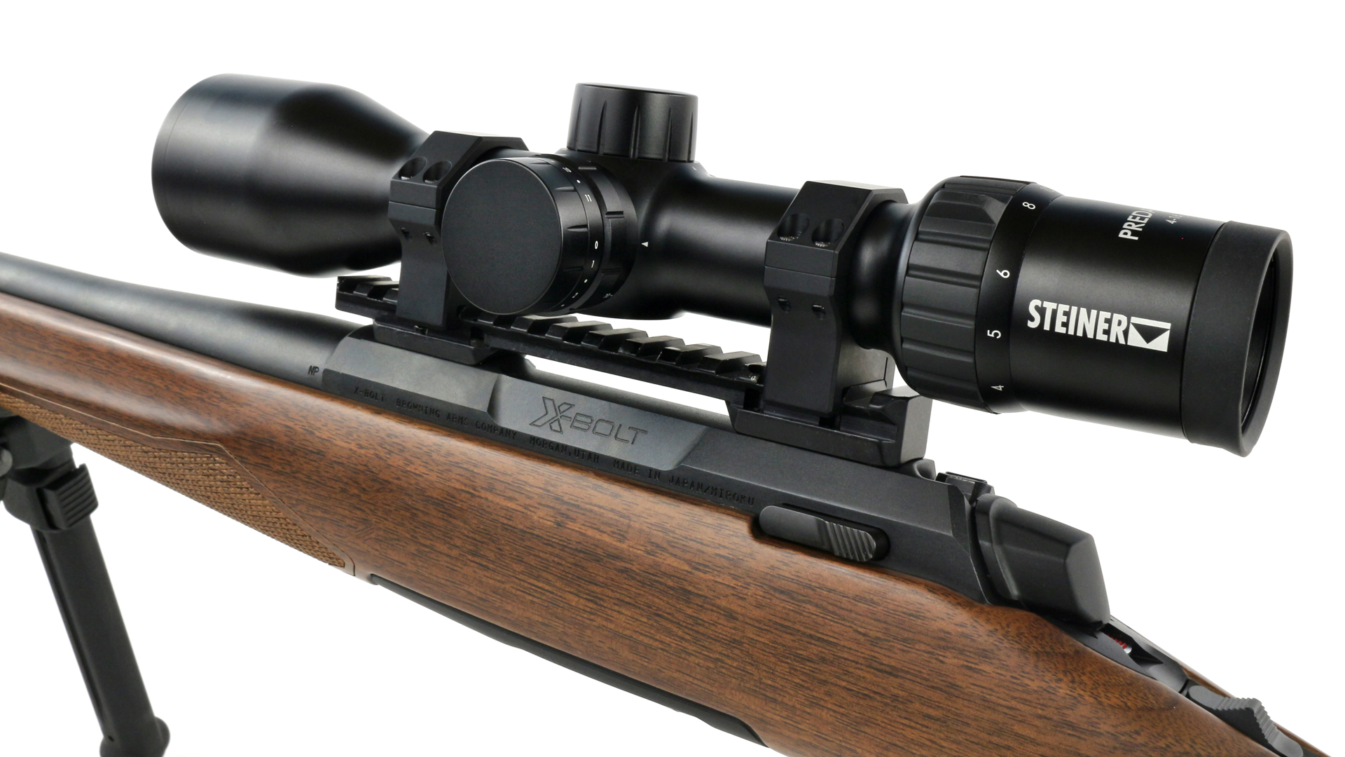 Browning X-Bolt 2 recevier action closeup illustrating Steiner optic mounted to top of Picatinny rail