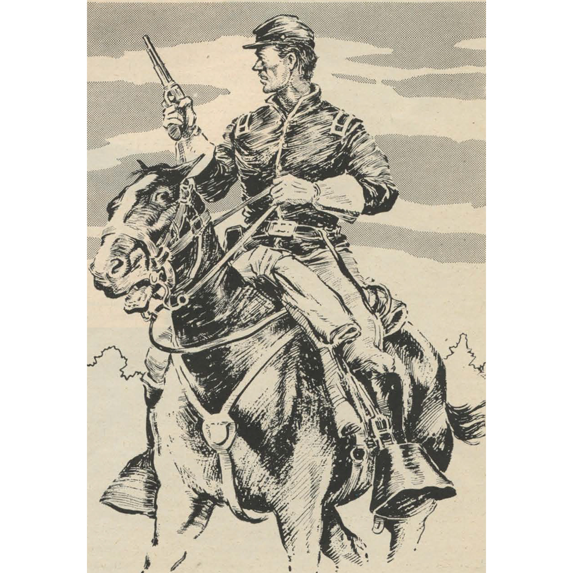 vintage print of confederate on horseback wielding single-action revolver