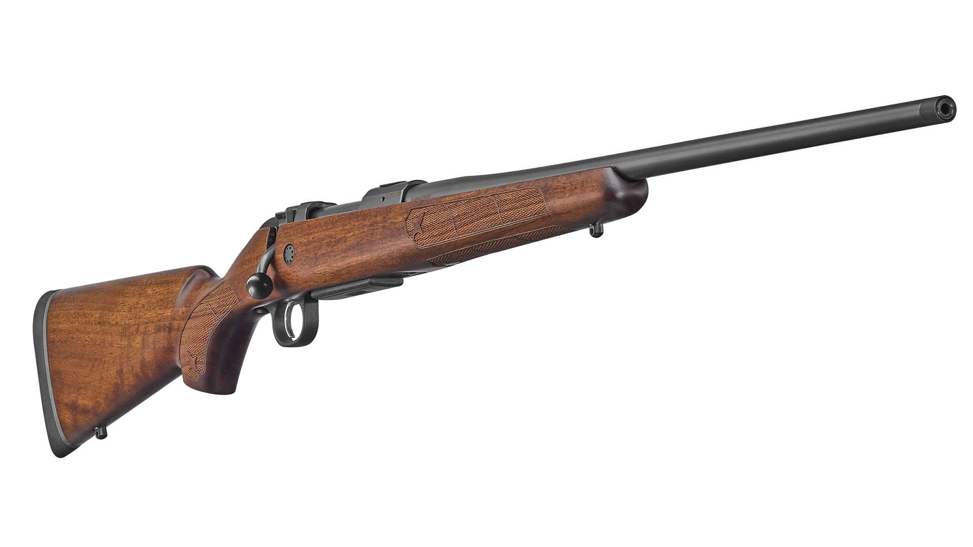 Forward view of the CZ 600 American rifle with a walnut wood stock.