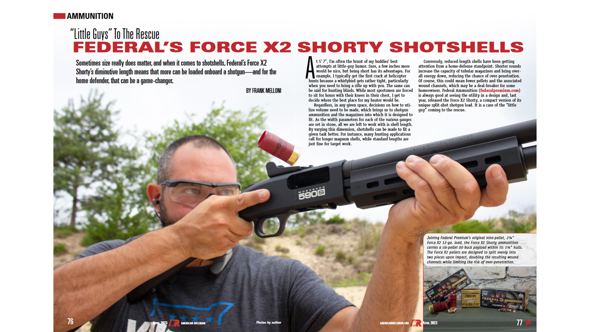 American Rifleman magazine page layout Federal's Force X2 Shorty Shotshells man shooting shotgun with red shotshell mid-air text on image