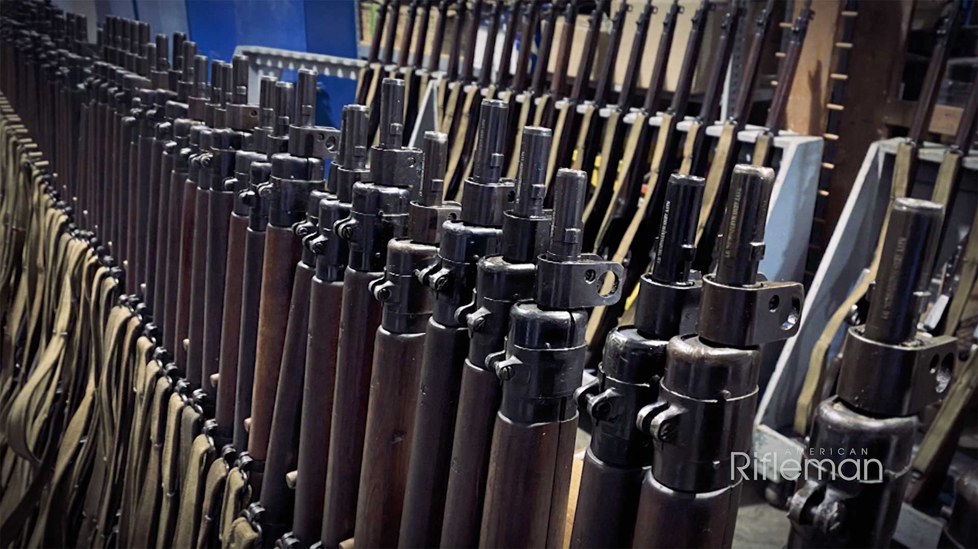 French resistance No. 4 Lee-Enfield rifles inside of the Navy Arms warehouse.