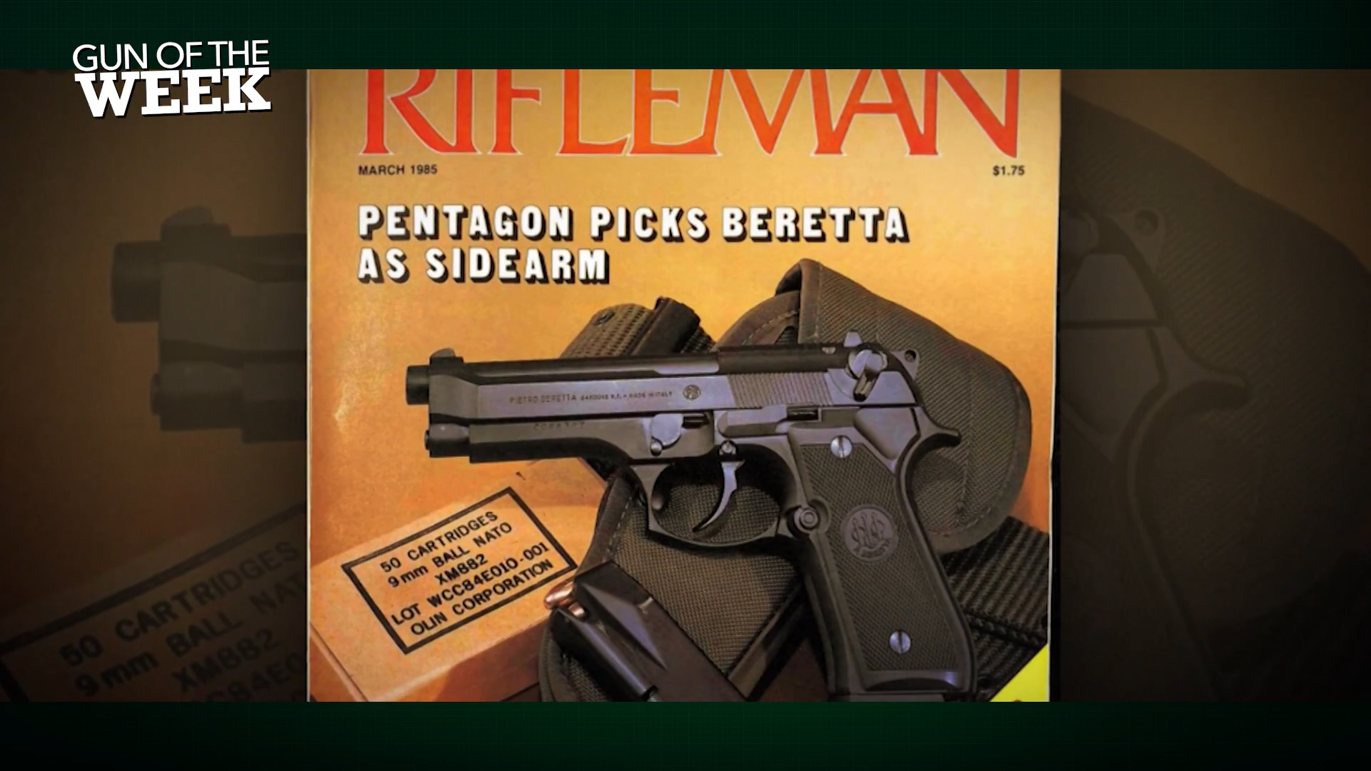 GUN OF THE WEEK American Rifleman magazine cover 1985 showing Beretta M9 pistol image overlay