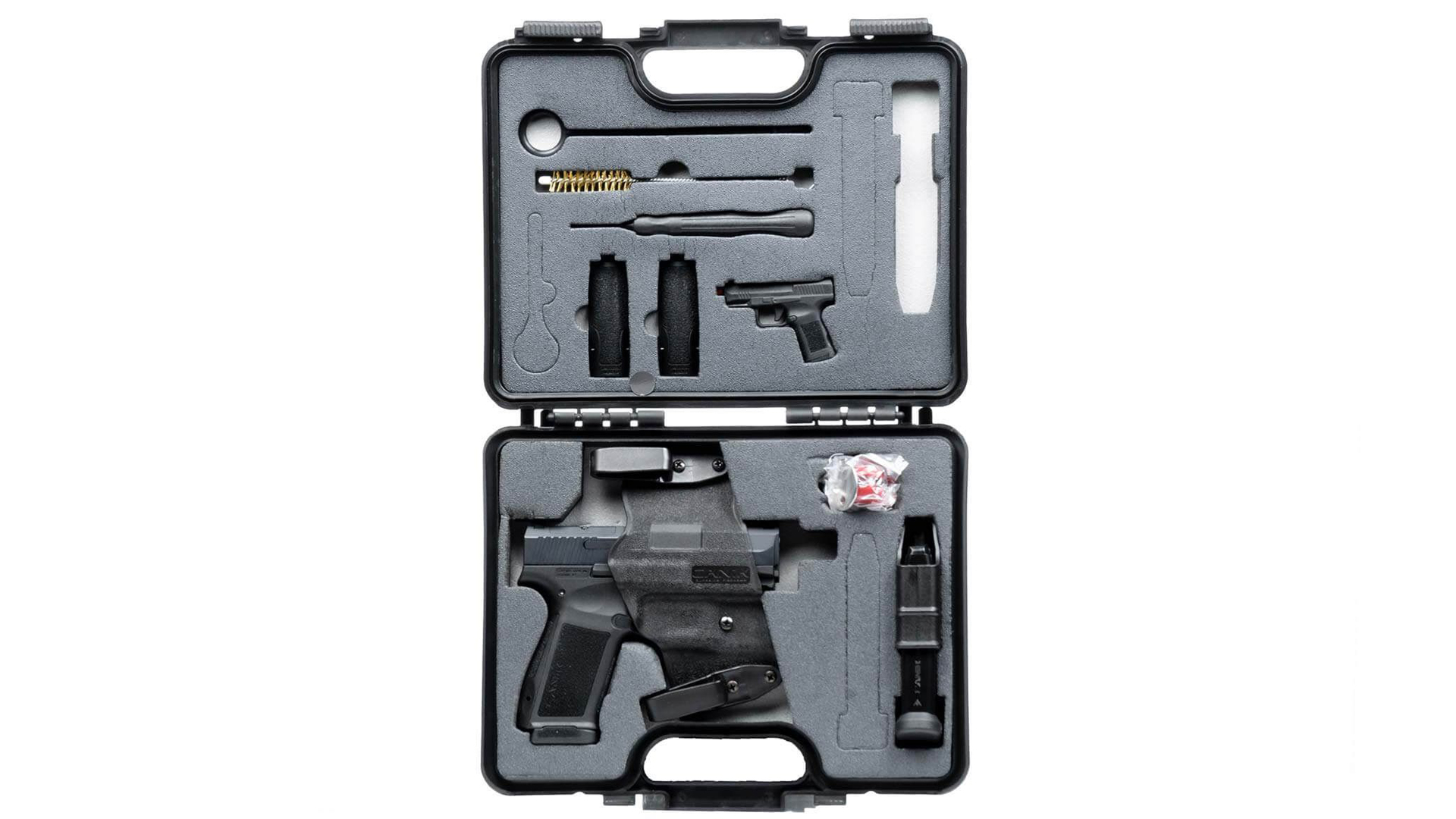 An all-black Canik Mete MC9 pistol shown inside a foam-lined hard case with accessories.