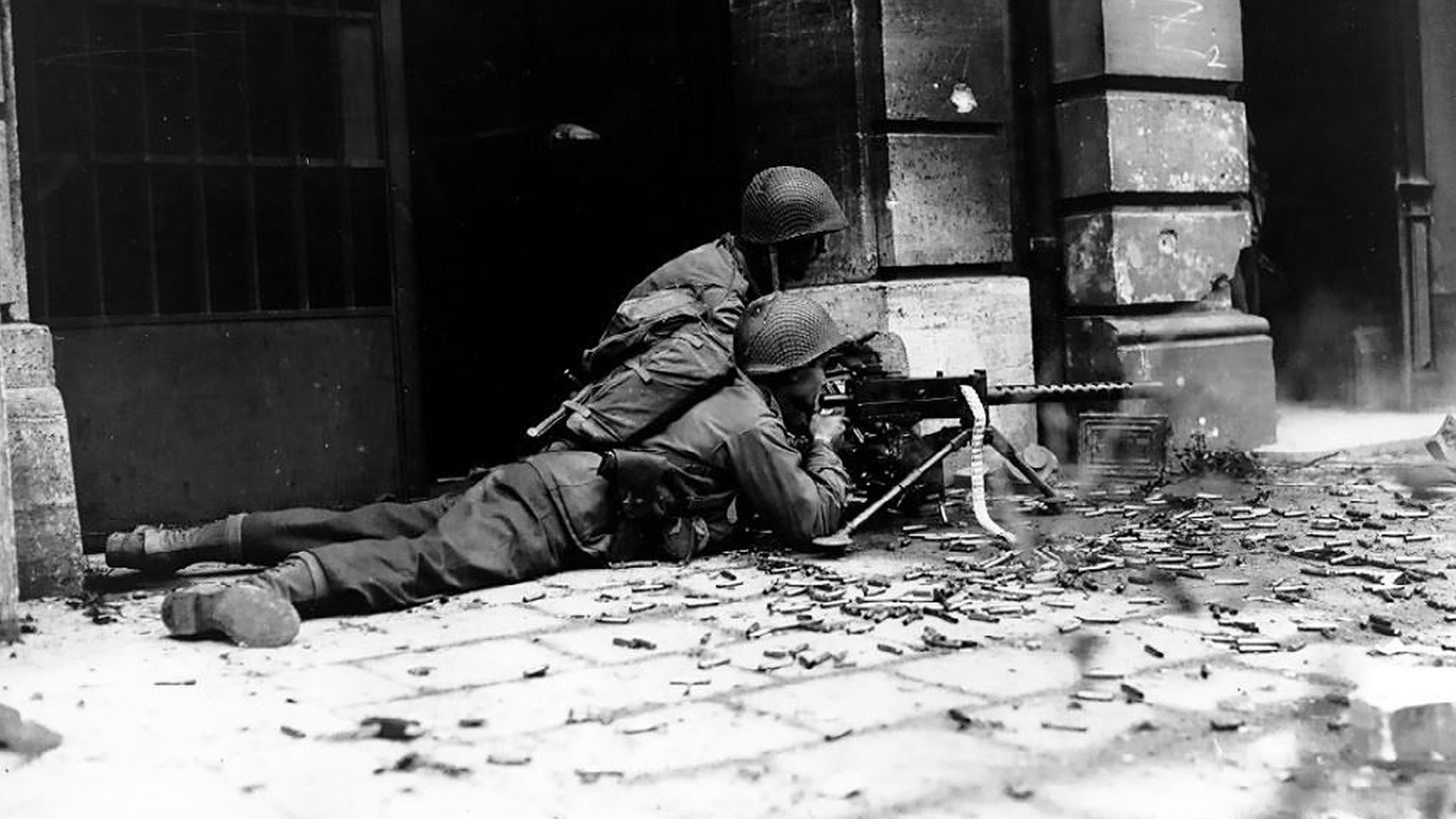 Machine gun crew with M1919 Browning machine gun in Aachen Germany 1944