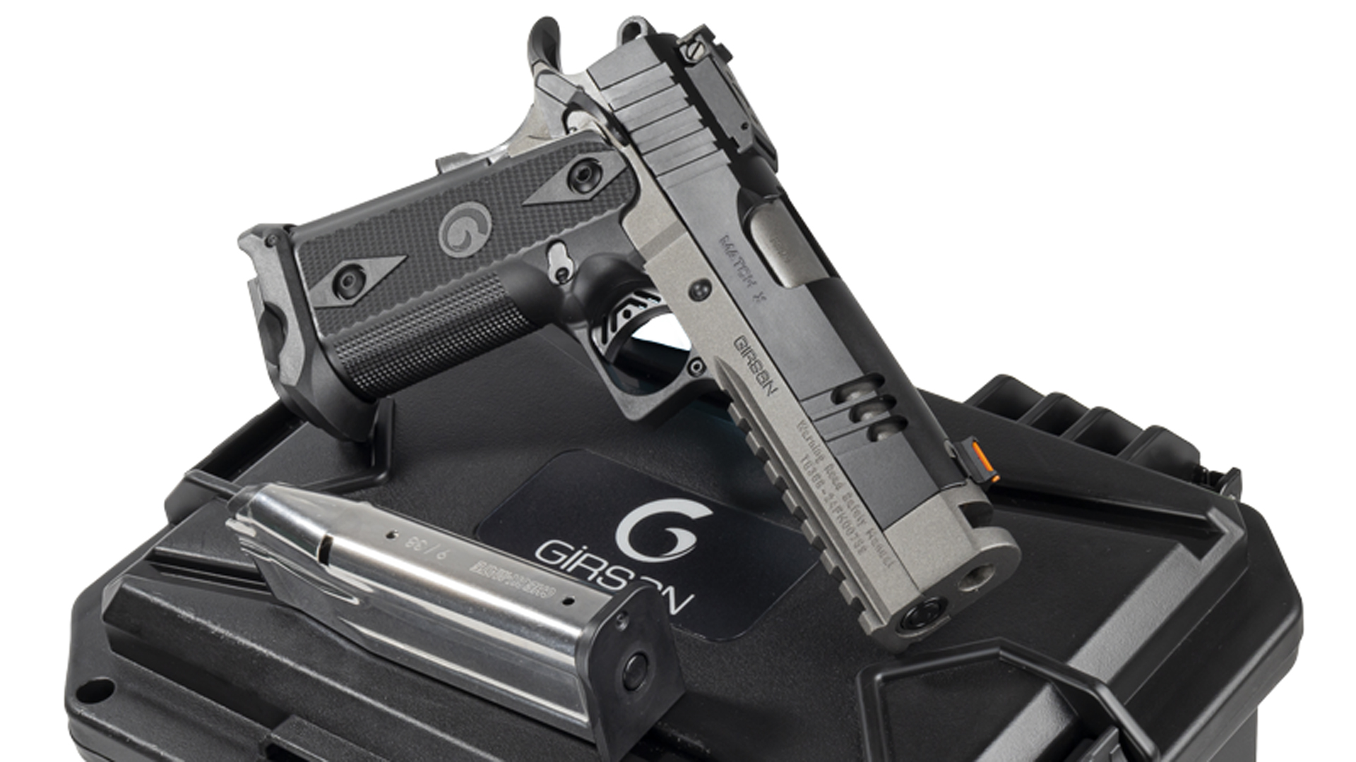 EAA Girsan Witness 2311 MatchX pistol shown on black case box with stainless steel magazine