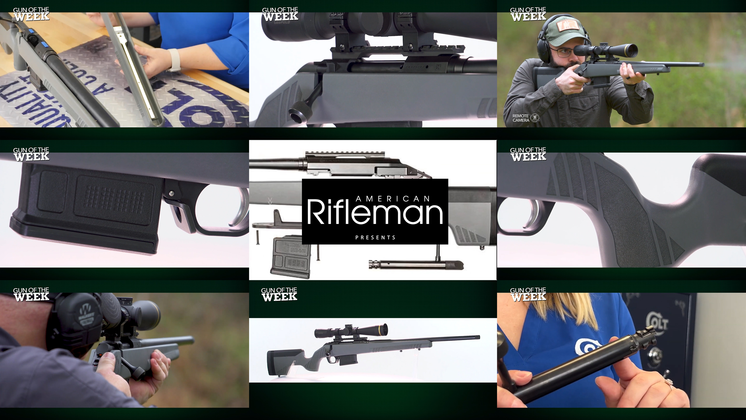 American Rifleman Presents text on image nine images of Colt CBX TacHunter bolt-action rifle arrangement tiles