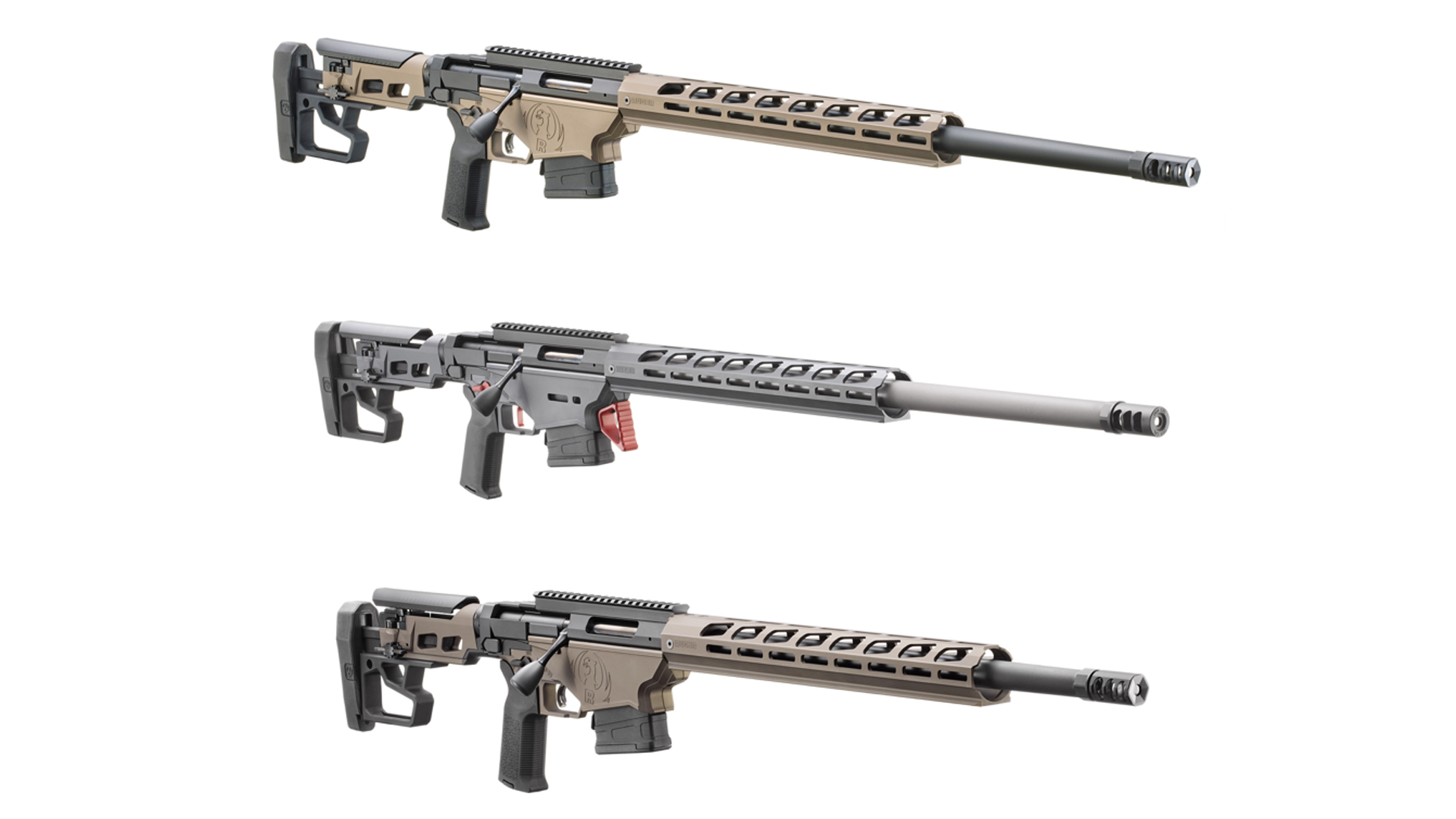 Three variants of the Ruger Precision Rifle shown in a vertical lineup.