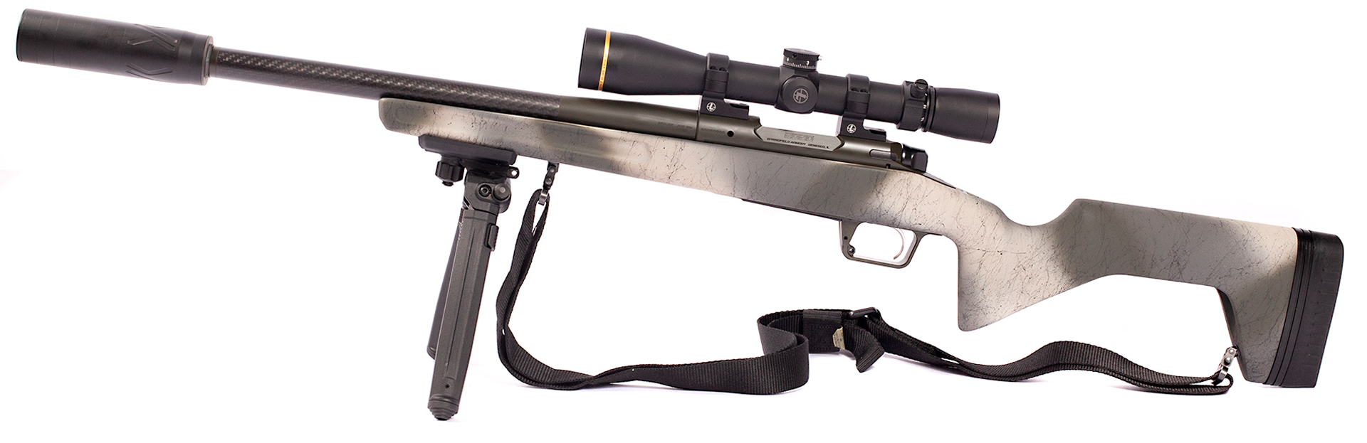 Springfield Armory Redline bolt-action hunting rifle left-side view with gear including suppressor bipod sling riflescope
