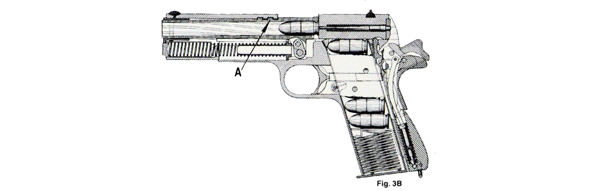 M1911 left-side line drawing x-ray view of Locking Phase B: Barrel And Slide Locking