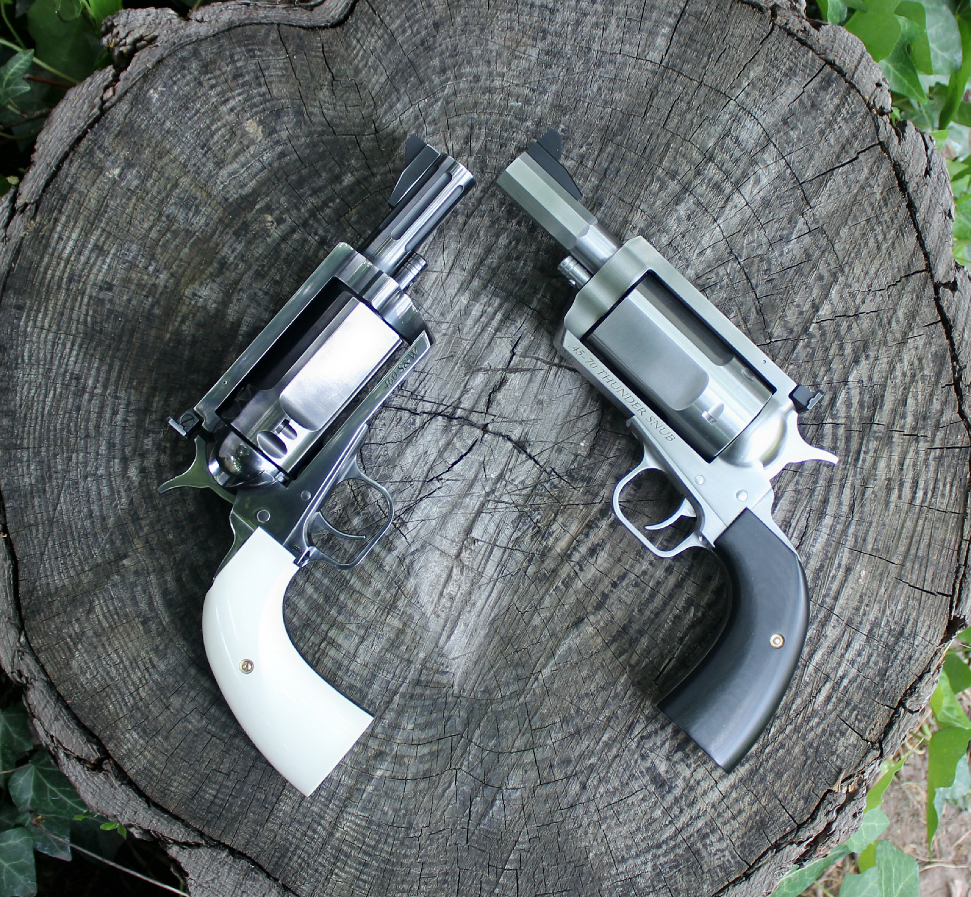 Magnum Research revolvers on log outdoors