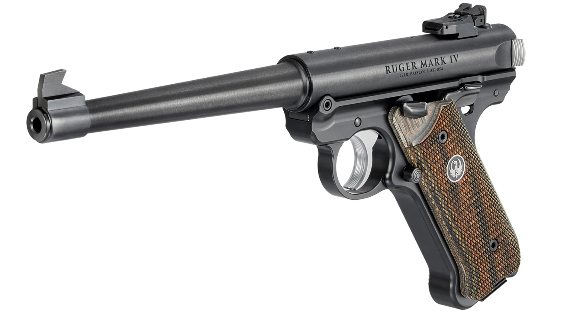 Ruger Mark IV Target pistol left-side angled view pistol .22 Long Rifle wood grips black metal 75th Anniversary Model