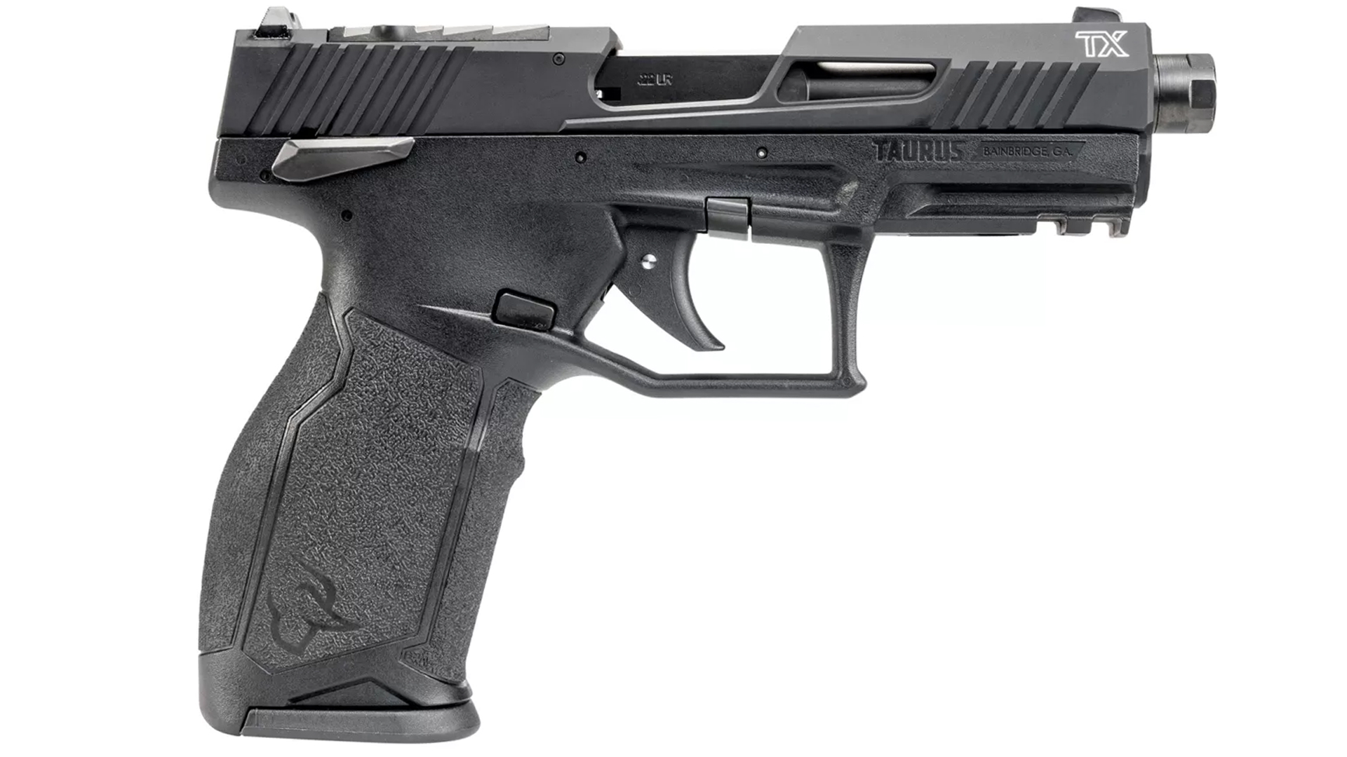 Taurus TX22 T.O.R.O. Black .22LR pistol right-side view on white