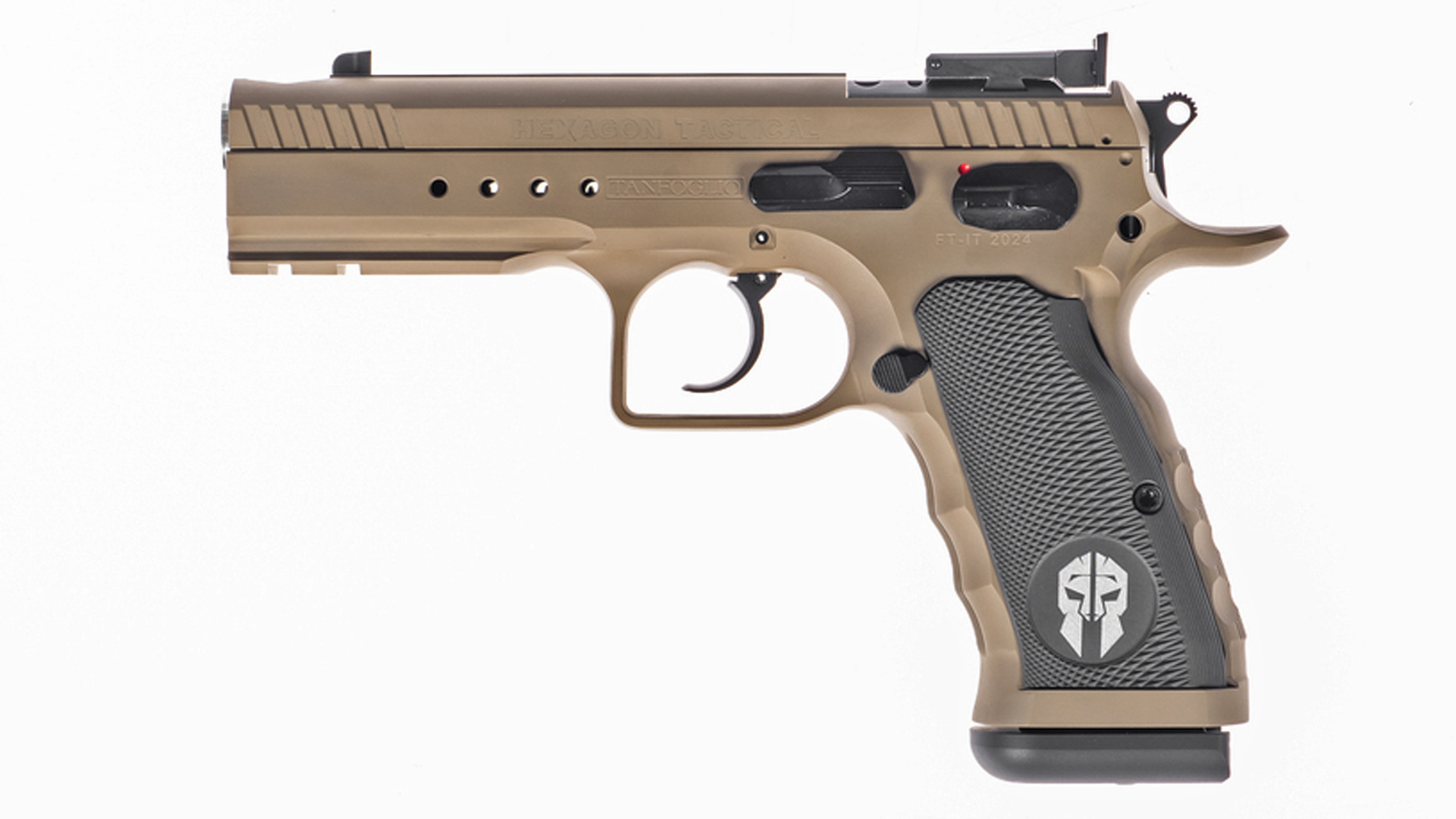 Left side of the Tanfoglio Hexagon Tactical pistol with a tan finish.