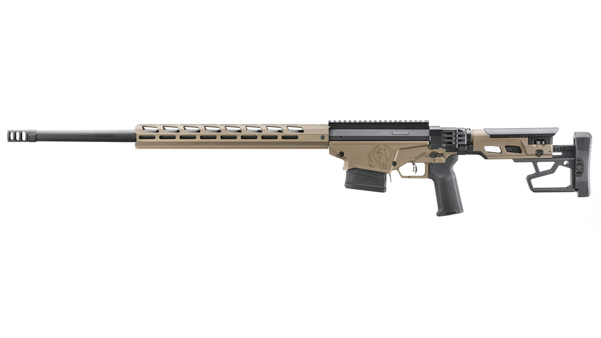 Left side of the black and tan Ruger Precision Rifle.