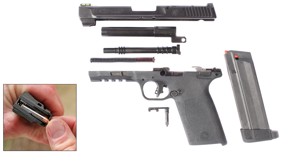 M&amp;P 22 Magnum rimmed cartridge inset image compared to left-side view disassembled handgun pistol parts slide barrel operating rod frame magazine