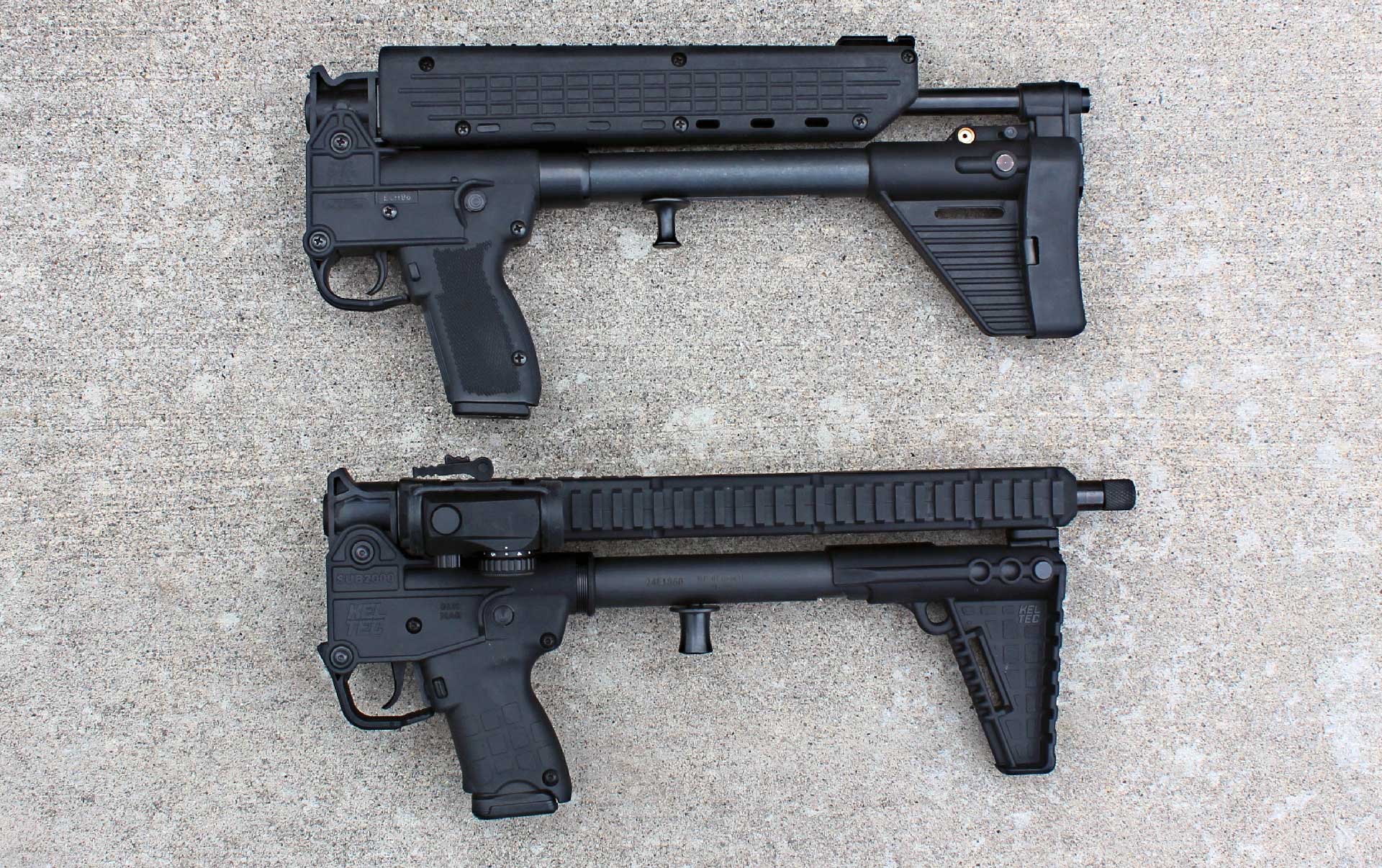A comparison of a folded SUB2000 GEN1 carbine above a SUB2000 GEN3 carbine.