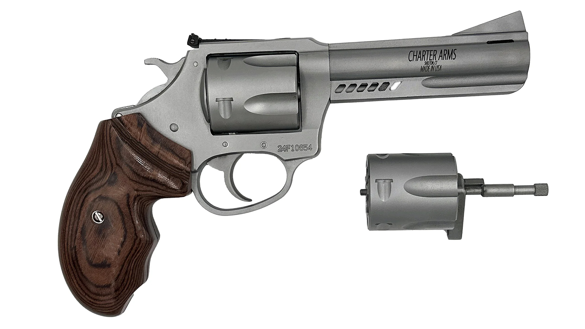 Right side of the natural finished Charter Arms Double Dog revolver with a longer barrel.