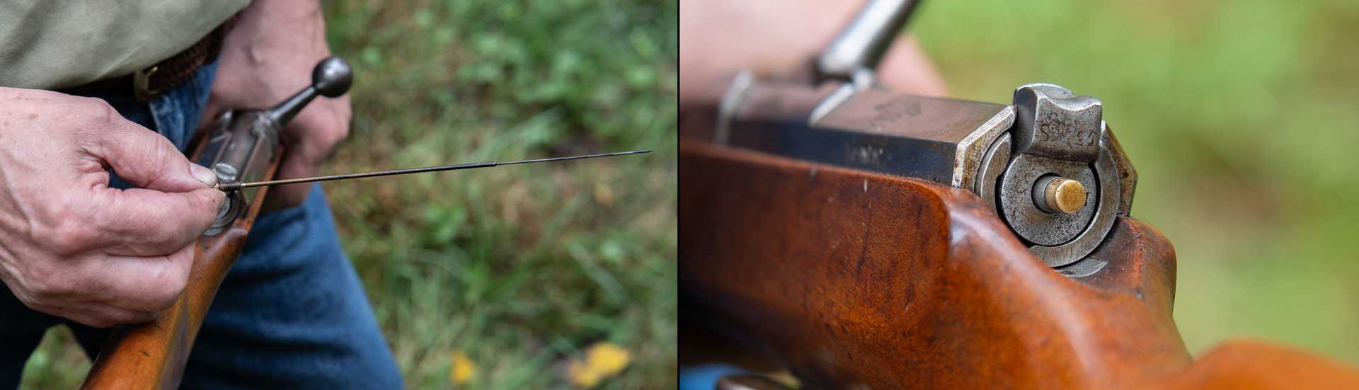 Dreyse needle gun images left and right in hand illustrating needle-like firing pin inserted at action's rear