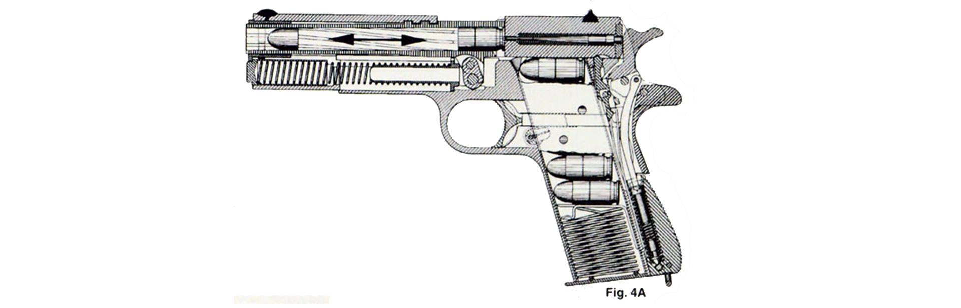 M1911 left-side line drawing x-ray view showing Firing Phase A: Lug Horizontally Engaged