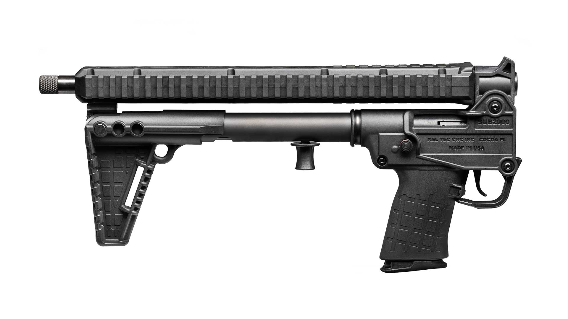 A folded KelTec SUB2000 GEN3 carbine shown from the right side.