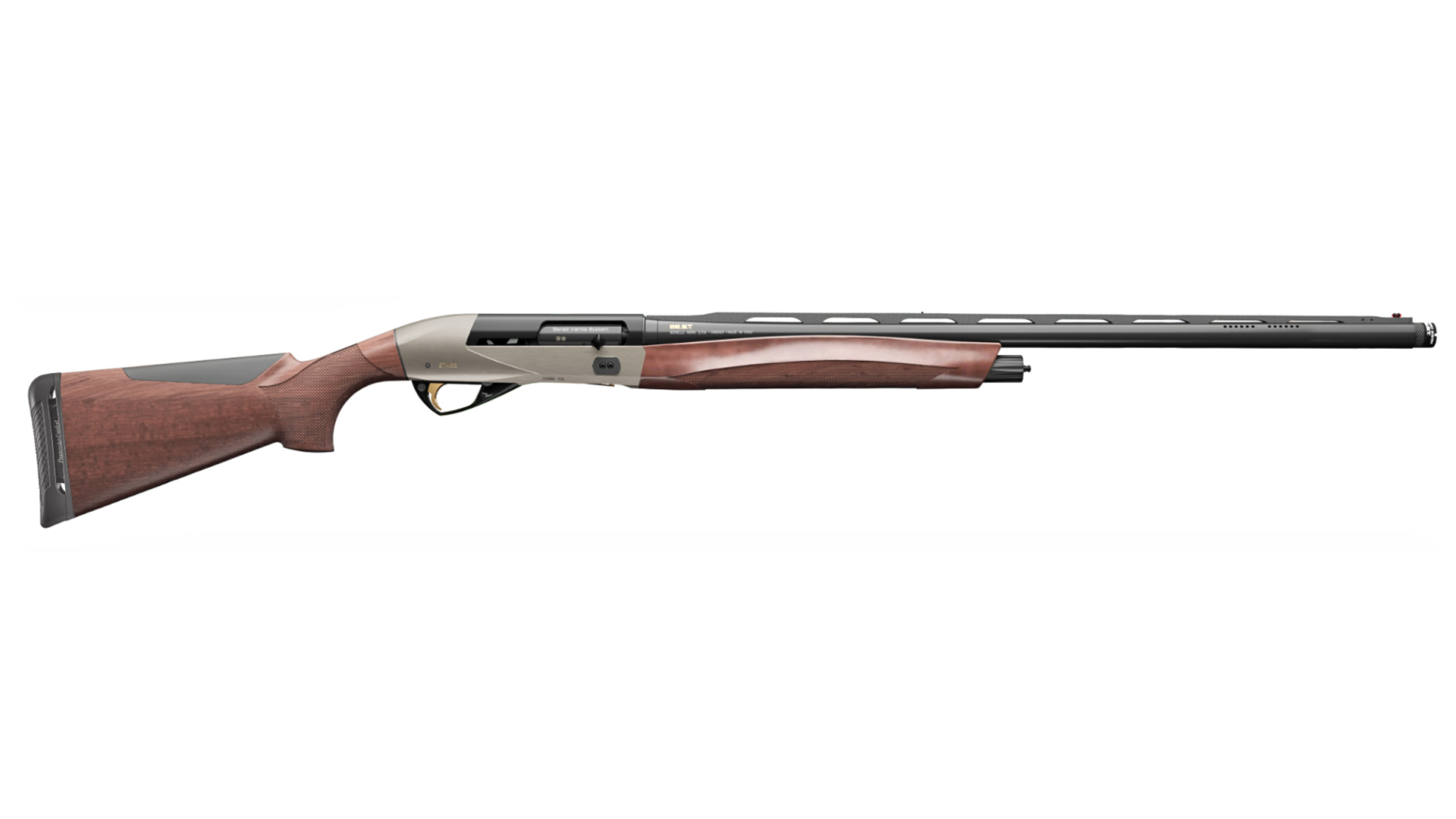 Right side of a wood-stocked Benelli Ethos shotgun.