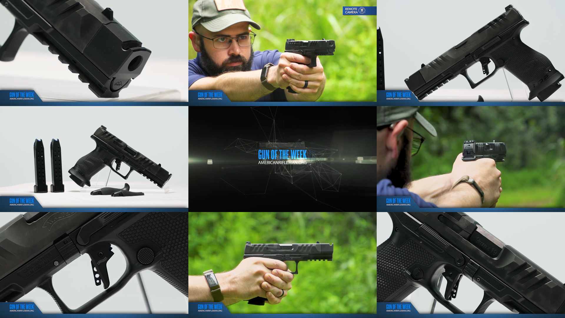 GUN OF THE WEEK AMERICANRIFLEMAN.ORG text banner overlay Walther PDP Pro-X PMM pistol detail images tiles composition 9 images mosaic close-up gun pistol parts man shooting outdoors