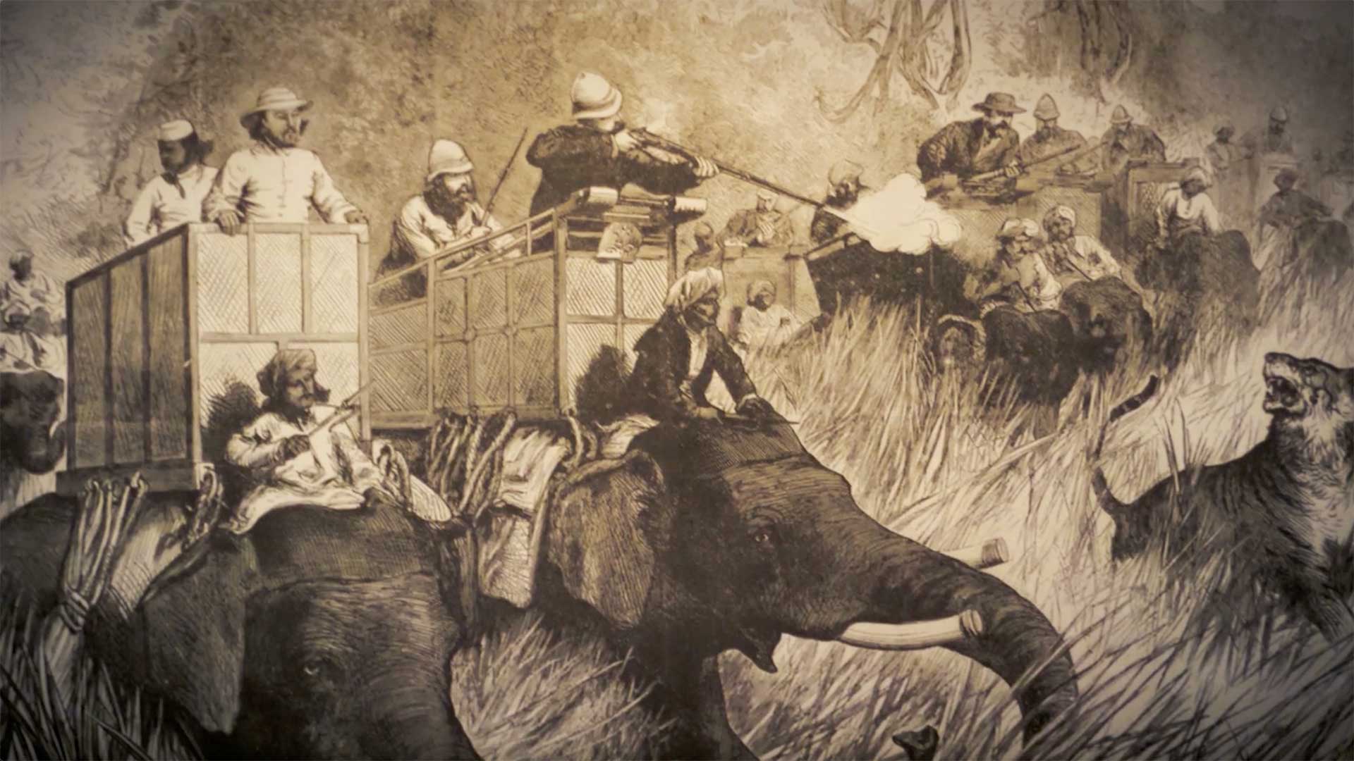 Historical image of British tiger hunters atop elephants.