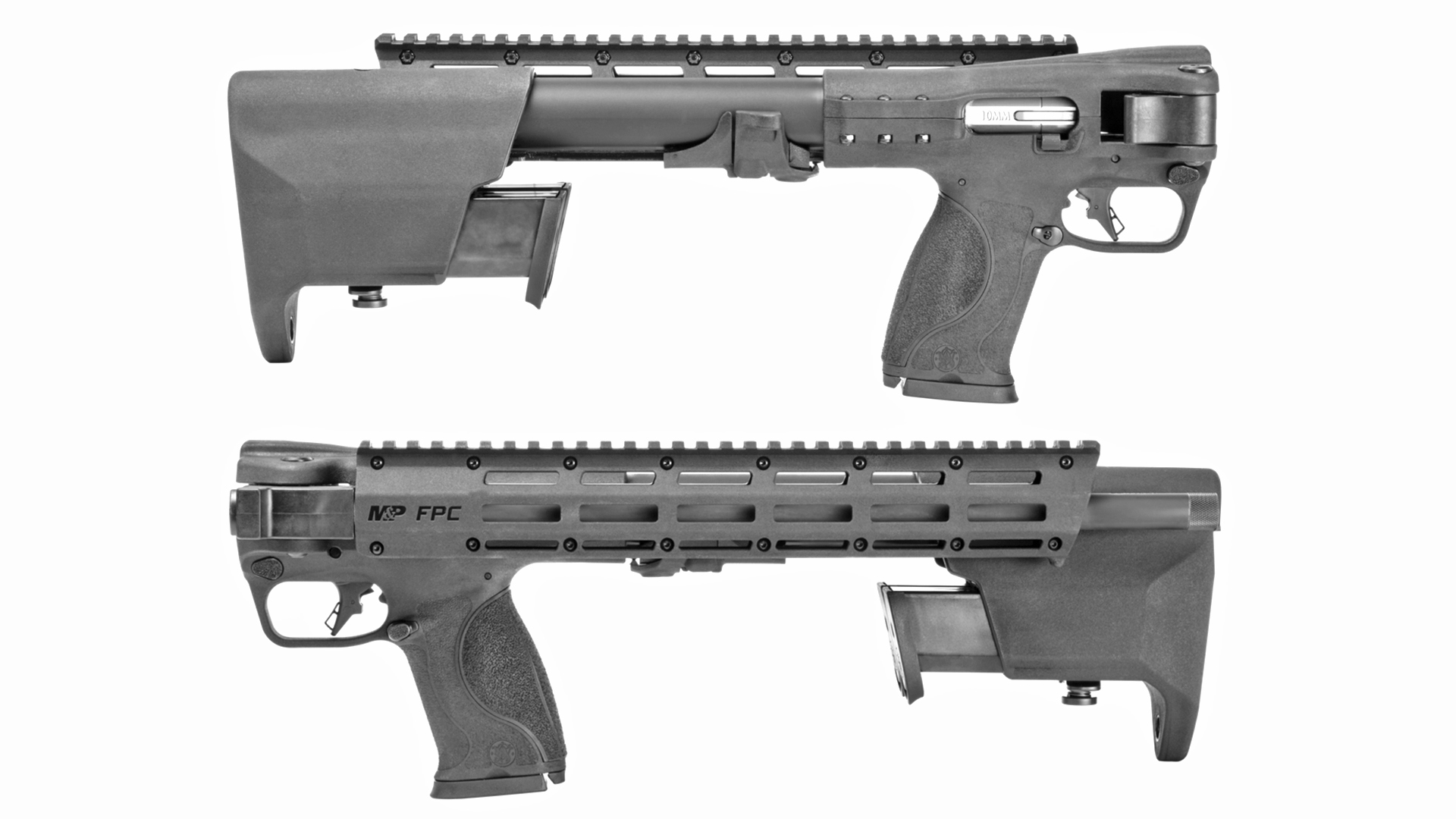 Left- and right-side views of the Smith & Wesson FPC 10 mm Auto in a folded configuration.