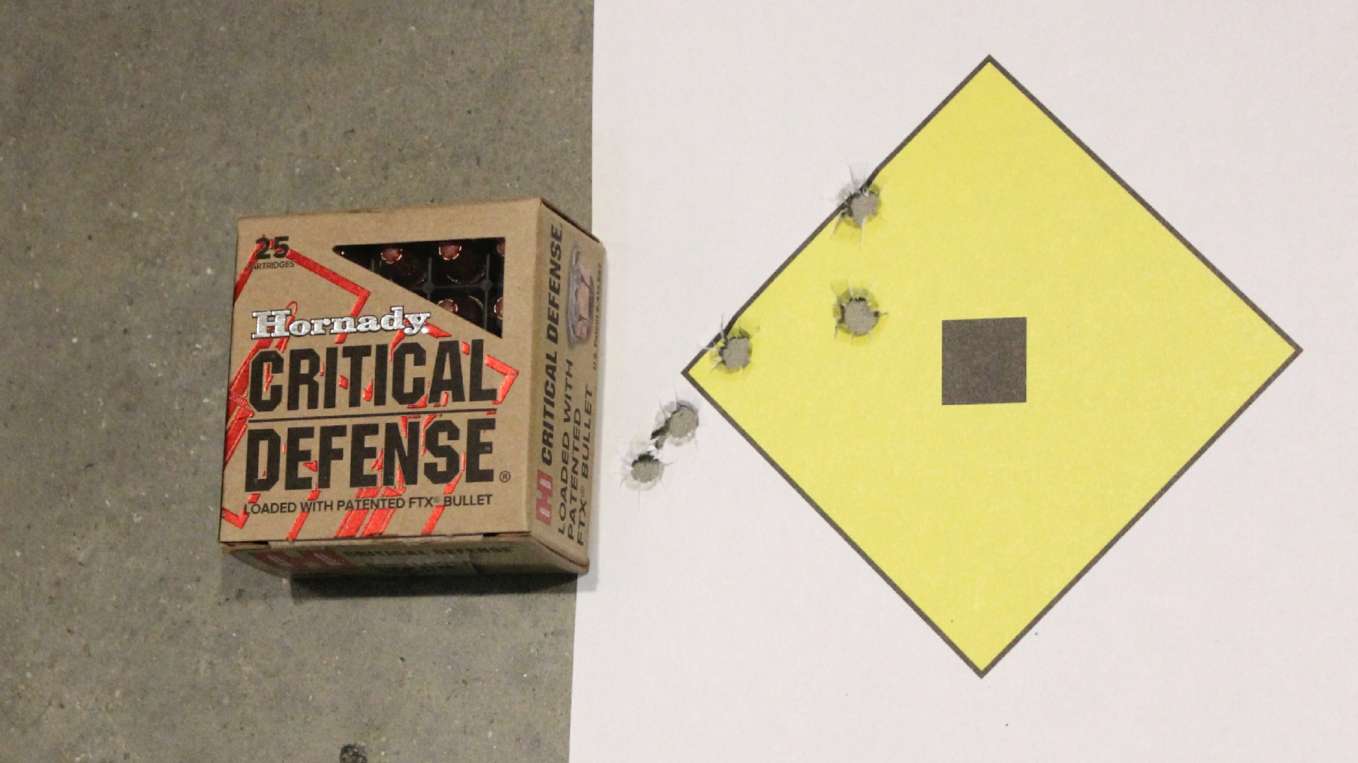 Hornady ammunition box shown next to diamond target with shot cluster accuracy of Glock G49 Gen5 MOS