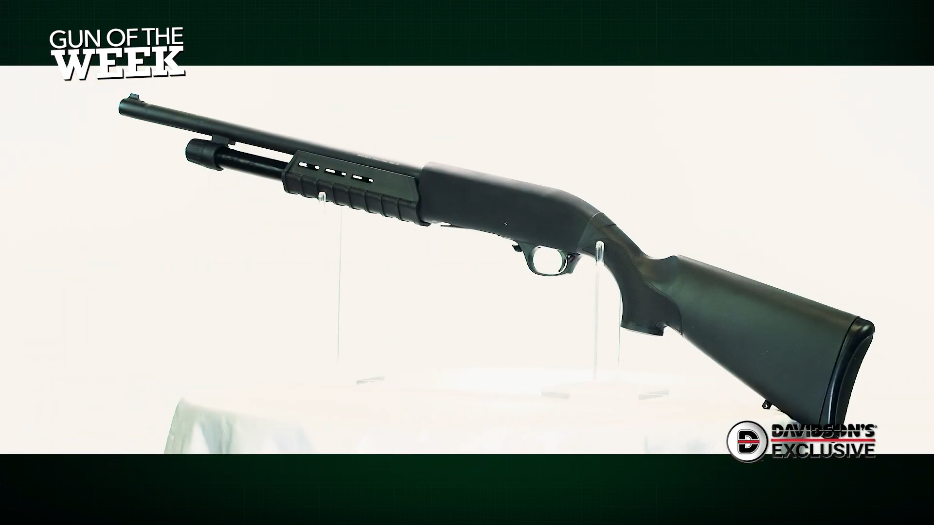 GUN OF THE WEEK text on image left-side view pump-action 12 gauge shotgun black gun gforce arms