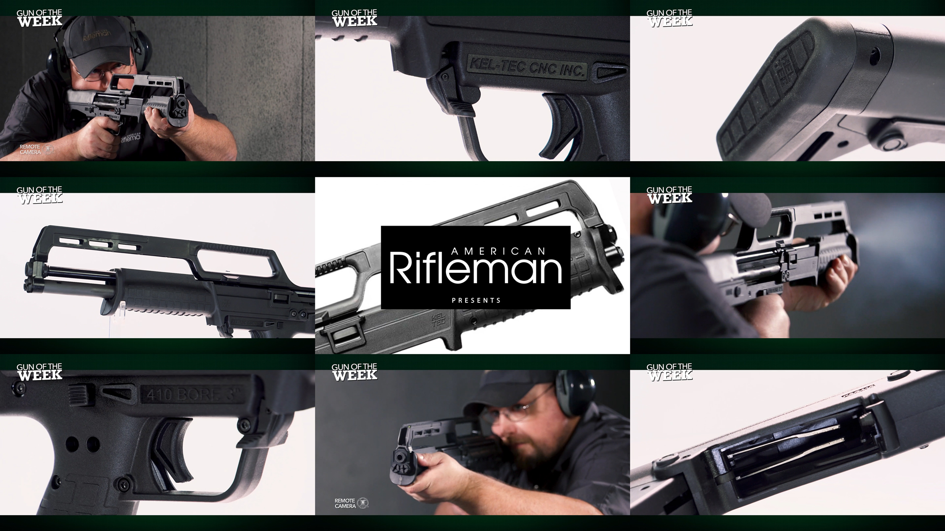 KelTec KSG410 GUN OF THE WEEK AMERICAN RIFLEMAN text overlay nine images mosic tiles arrangement gun details man indoors shooting