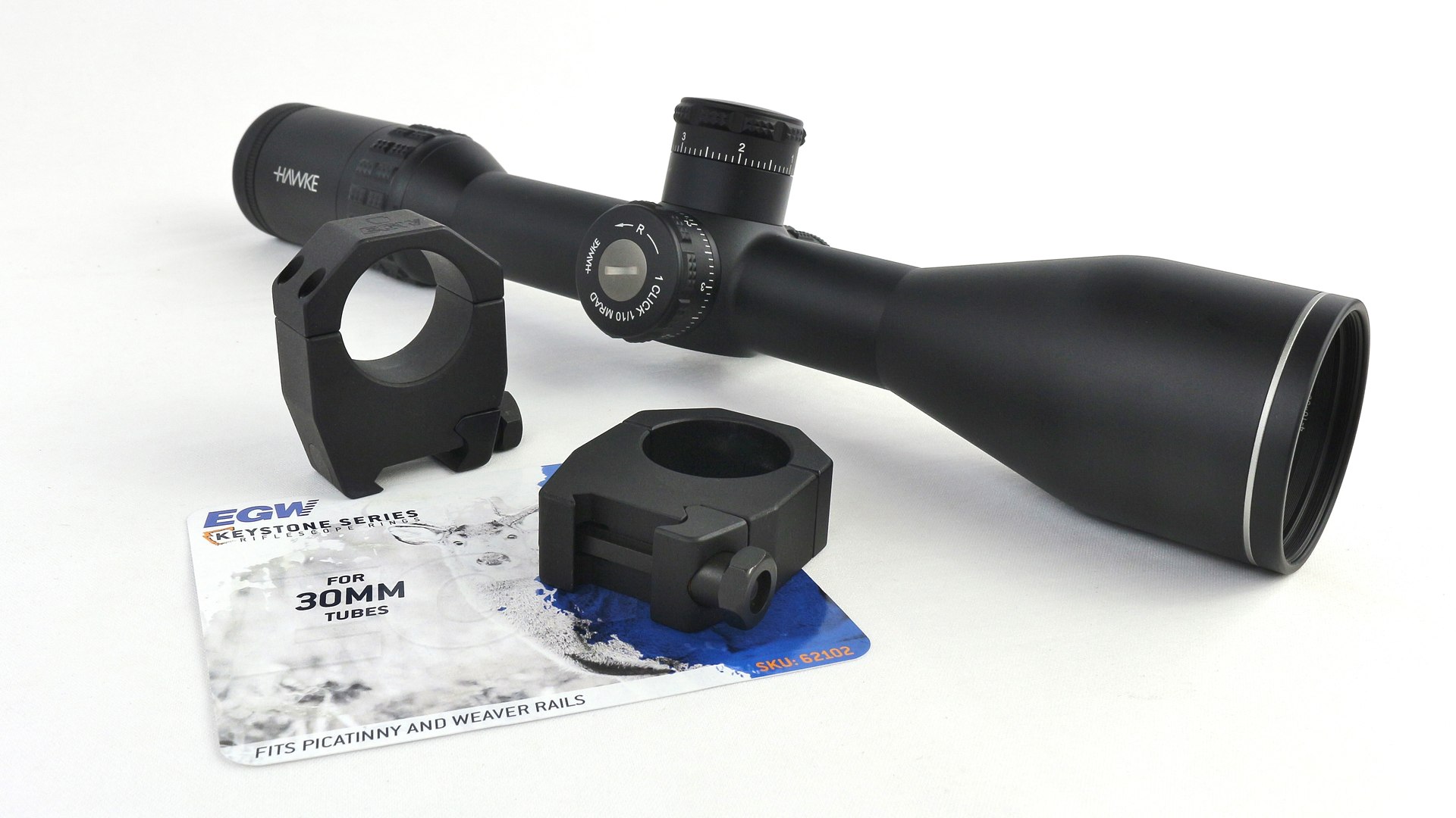 Hawke riflescope shown with rings and card