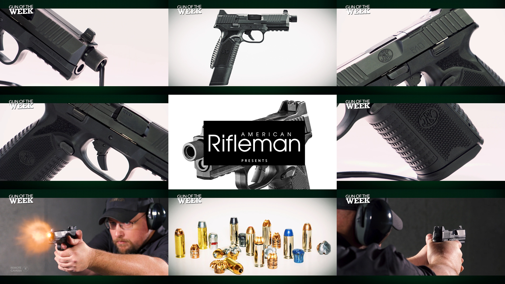 AMERICAN RIFLEMAN PRESENTS GUN OF THE WEEK text on image tiles arragement of nine images details closeup FN 510 Tactical man shooting ammunition