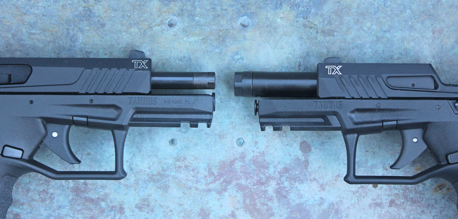 Taurus TX22 pistols, barrel comparison side by side, muzzle slide locked at the rear, shown on steel plate