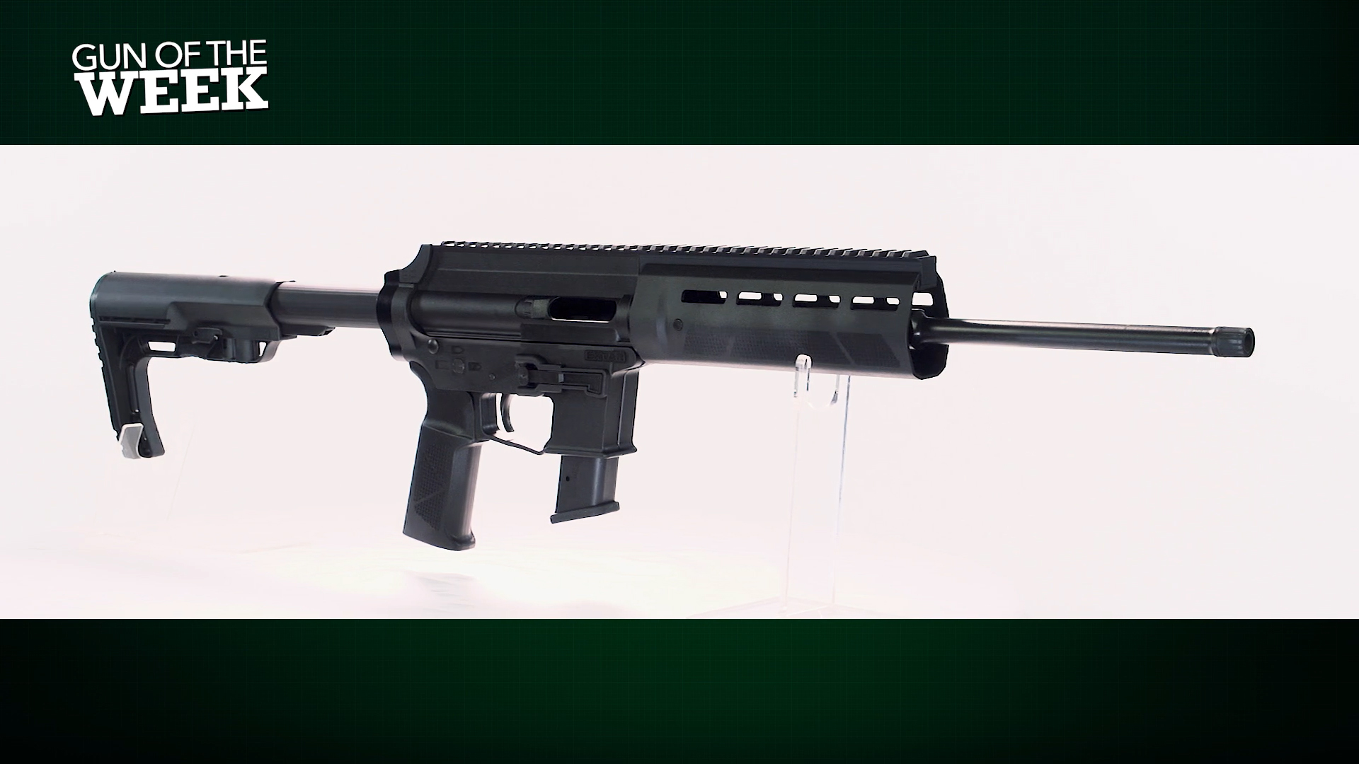 GUN OF THE WEEK text on image Extar EP9 Carbine angled right side view on white black gun