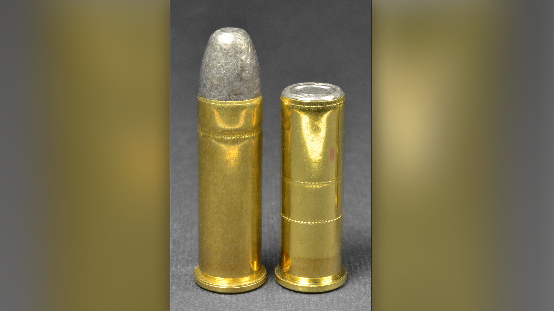 Round nose bullet left standing next to wadcutter both .38 Special cartridges vertical side-by-side comparison brass case image overlay