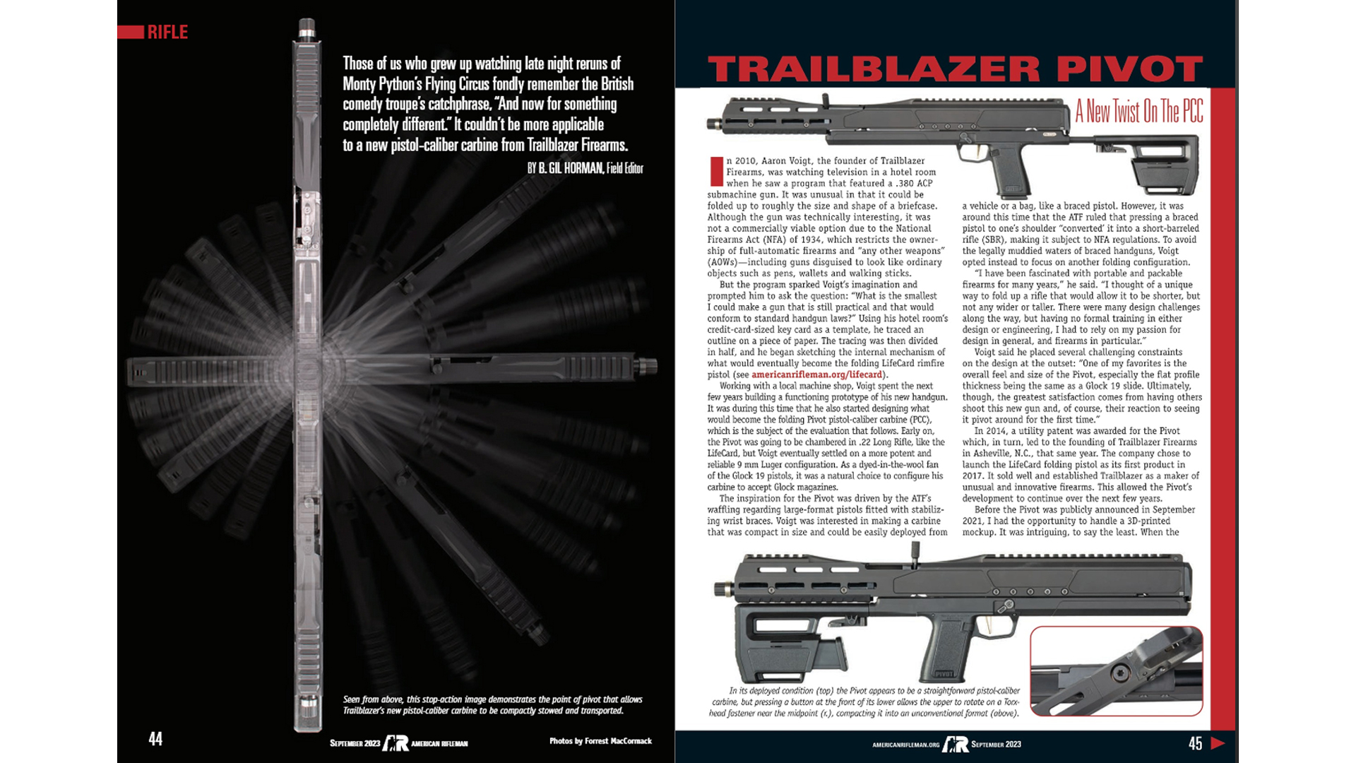 American Rifleman centerfold magazine article trailblazer firearms pivot rifle b. gil horman review text guns